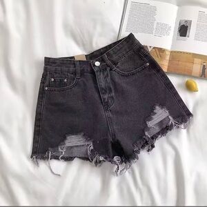 Distressed Black Denim Shorts